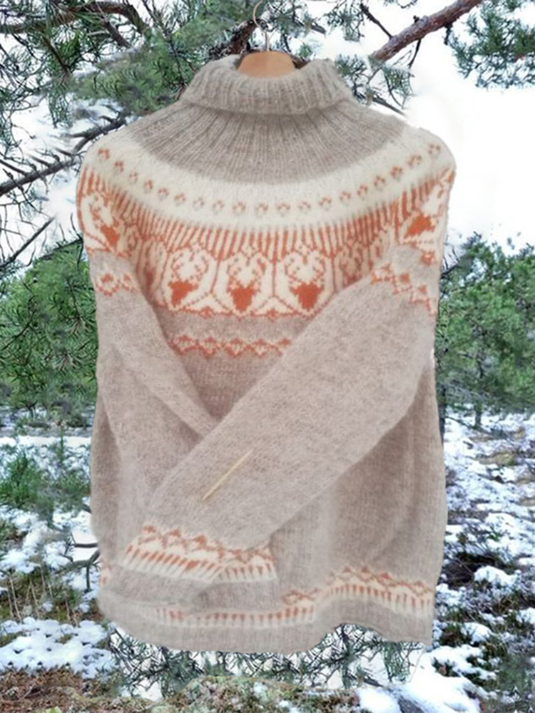Unisex Vintage Icelandic Knit Jacquard Warmth High Neck Sweater