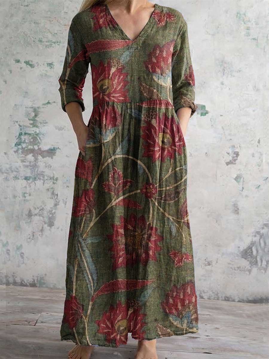 Women's Elegant Floral Pattern V-Neck Cotton Fabric Dress with Pockets