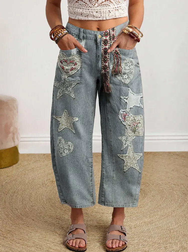 Women's Hippie-style Patchwork Star Art Print Casual Cotton Trousers With Pockets.