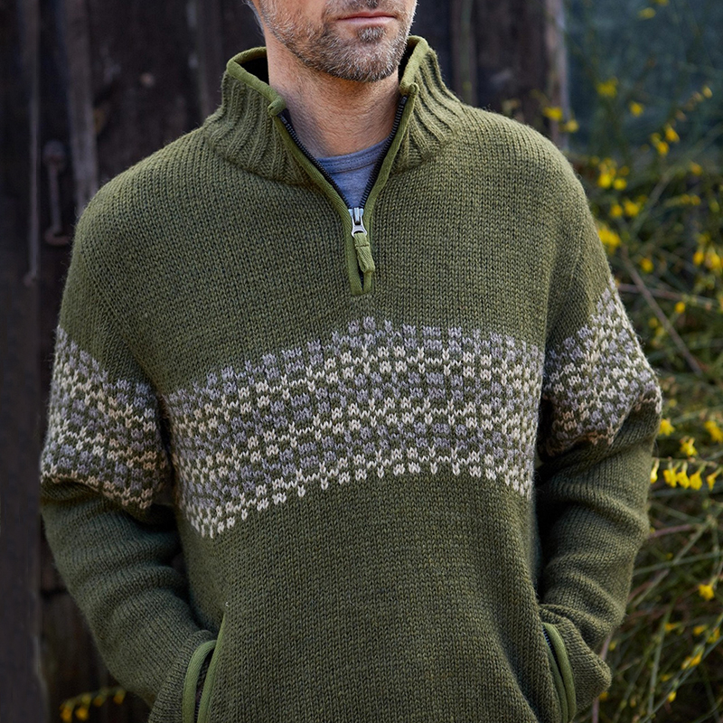 Vintage Warmth Norwool Icelandic Knit Jacquard Half Zip Collar Sweater