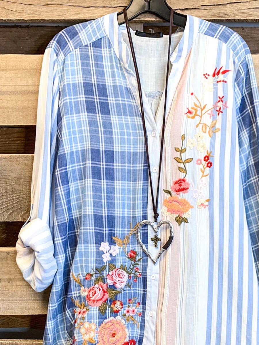 Women's Retro Casual Embroidered Printed Top