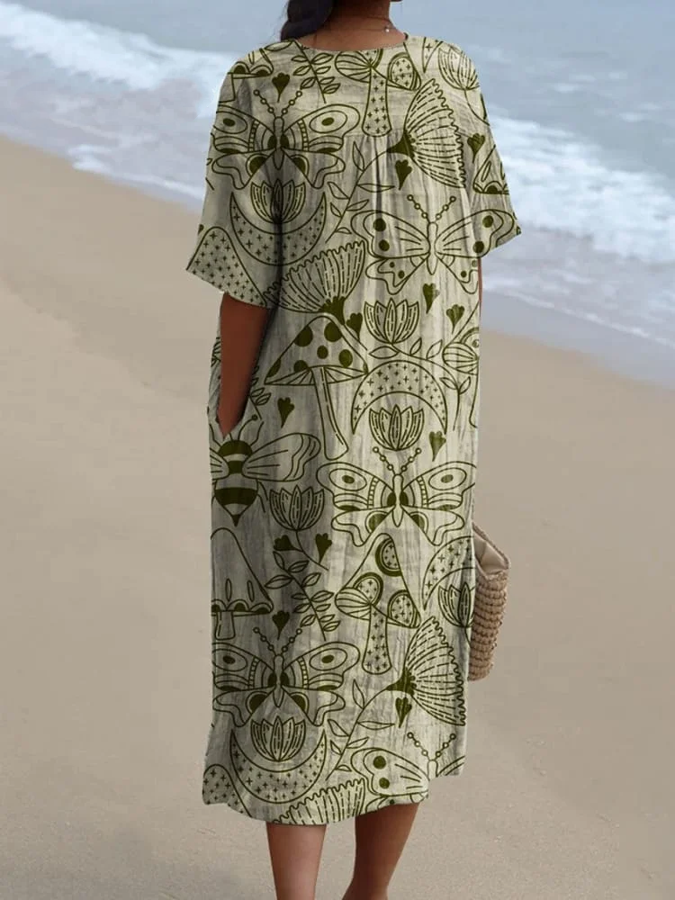 Women's Vintage Lovely Floral Butterfly Art Print Flowy Dress