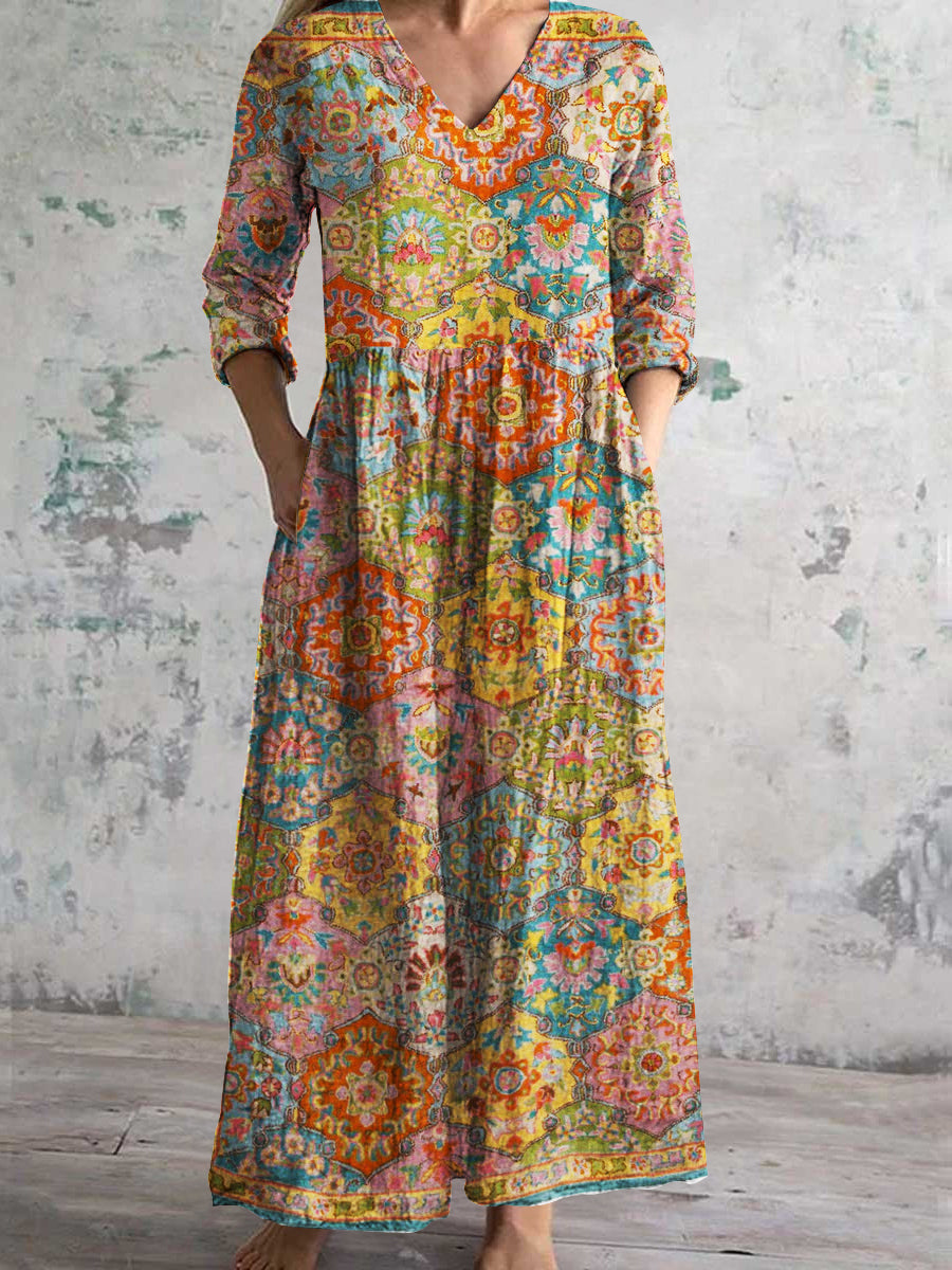 Women's V-Neck Vintage Abstract Irregular Pattern Long Sleeve Dress