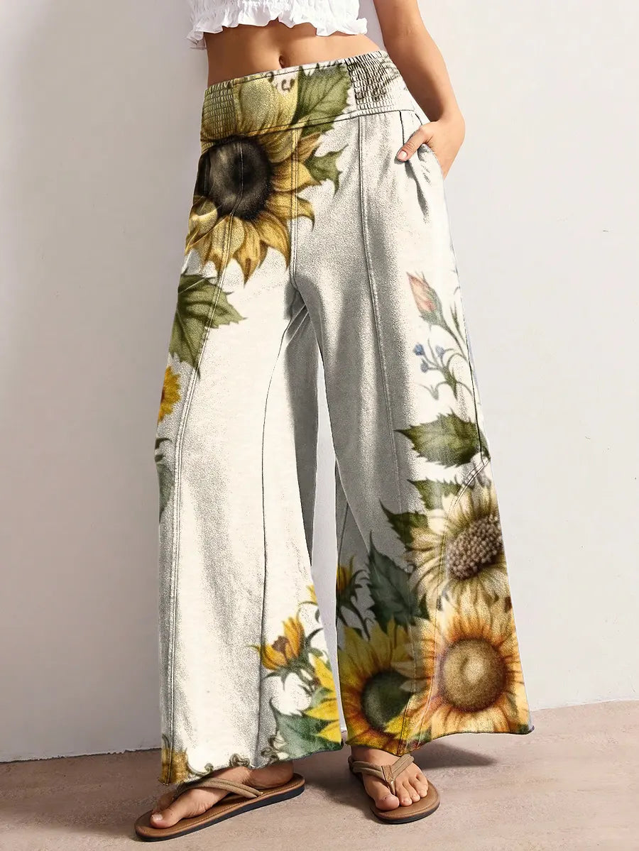 Women's Sunflower Flower Art Print Elastic Wide-Leg Pants