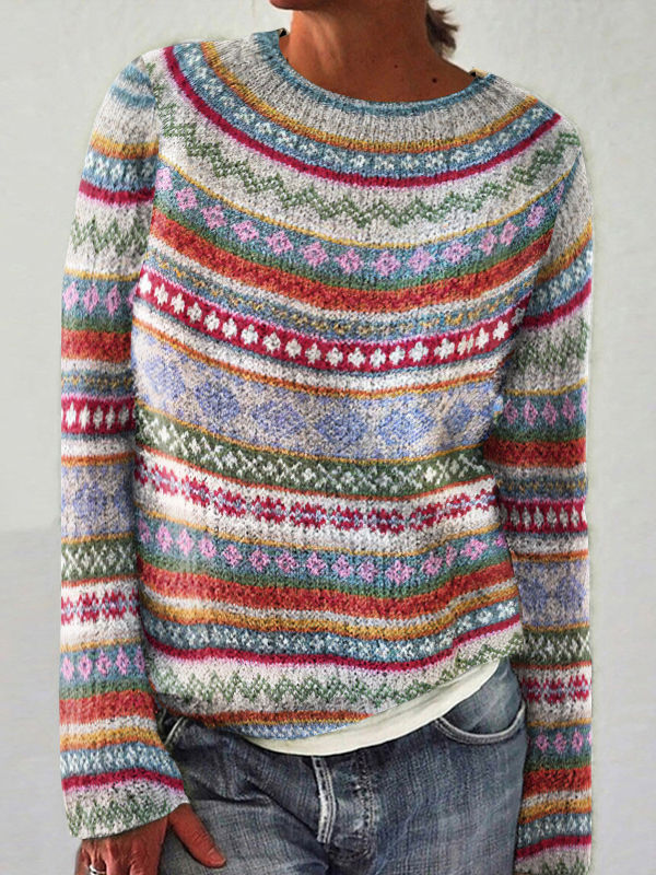 Fairman Island Vintage Pattern Crew Neck Contrast Sweater