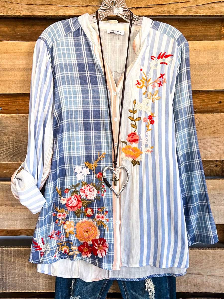 Women's Retro Casual Embroidered Printed Top