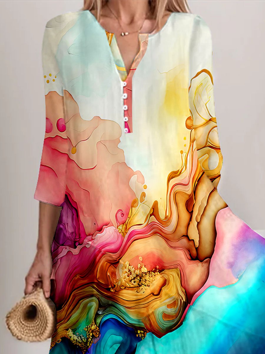 Women's Floral Alcohol Ink Art Printed Casual Holiday Dress