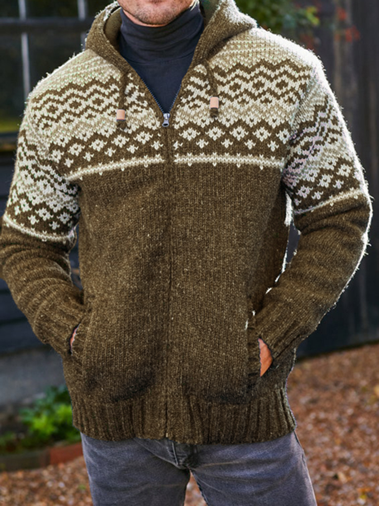 Mens Vintage Fair Isle Knitted Hooded Cardigan