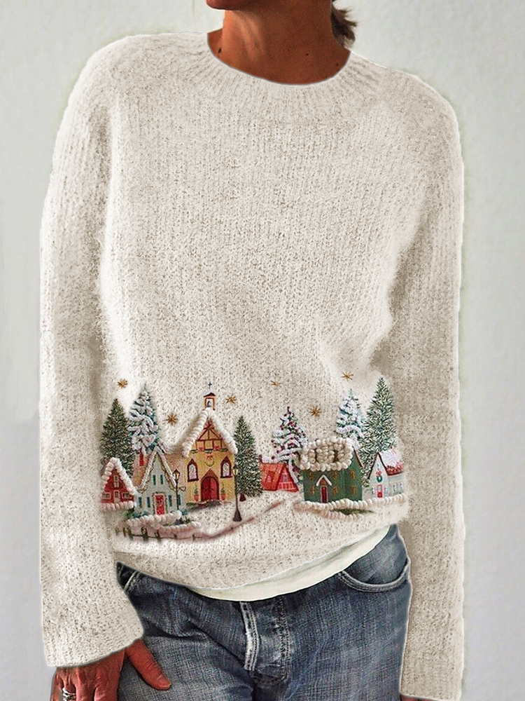 Christmas Snowy Street Embroidered Cozy Sweater