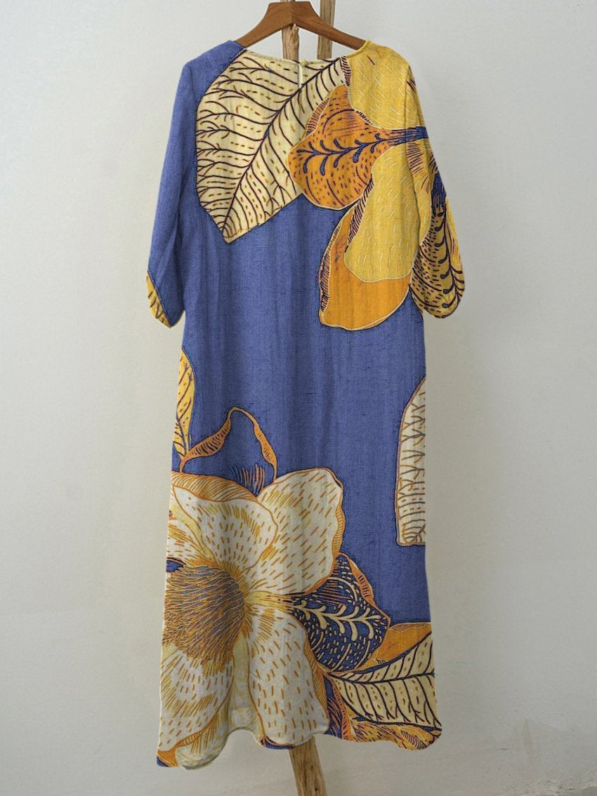 Women's Vintage Blue Floral Print Pocket Cotton Dress