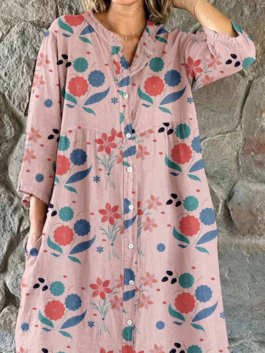 Women's Elegant Floral Print Cotton and Linen Shirt Dress