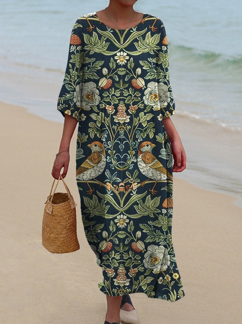 Women's Vintage Dark Floral Print Pocket Cotton Dress