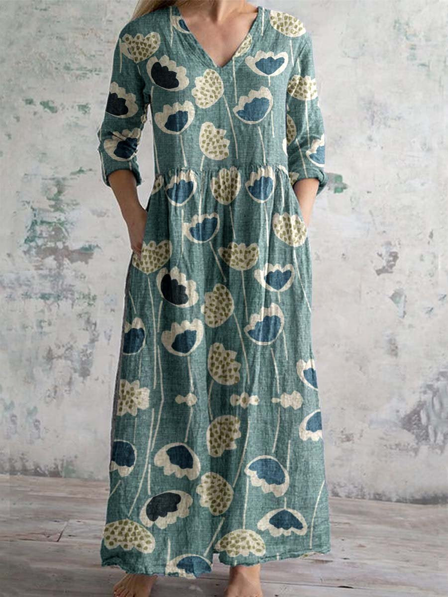 Women's V-neck Elegant Vintage Floral Pattern Cotton Shirt Dress