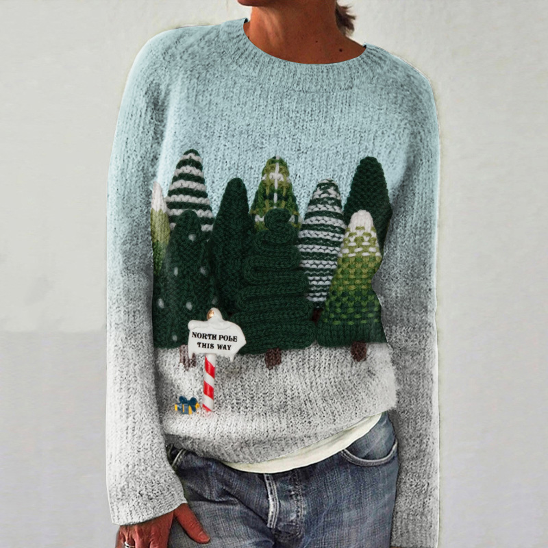 Women's North Po This Way Christmas Trees Embroidery Art Crew Neck Cozy Sweater