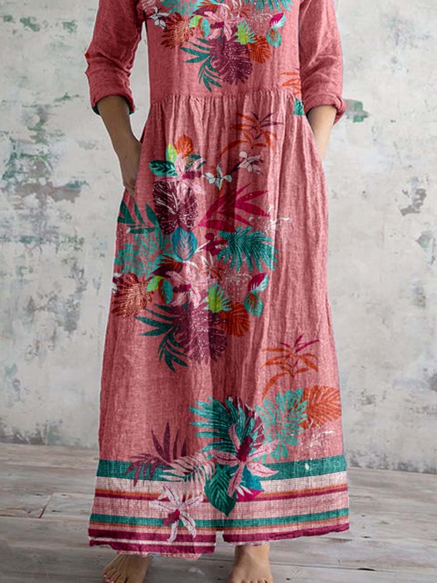 123-240608-20Women's V-neck Elegant Floral Pattern Cotton Dress