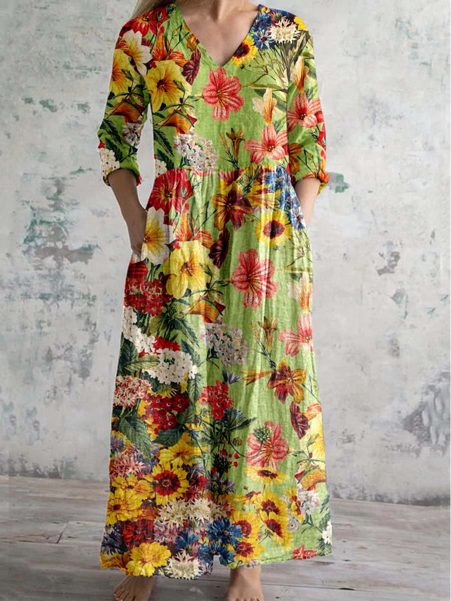 Women's Elegant V-Neck Floral Pattern Cotton And Linen Dress
