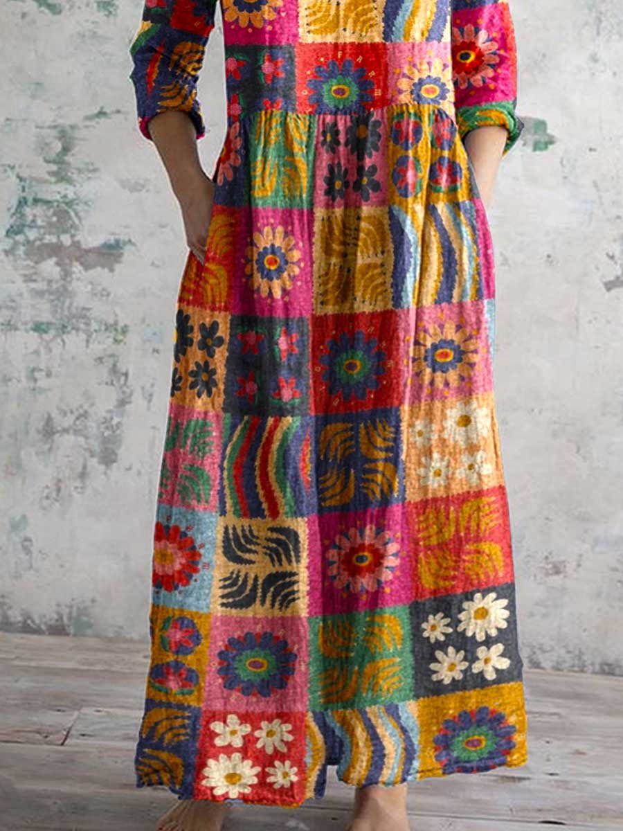 Women's V-neck  Abstract Art Floral Pattern Collar Cotton Dress With Pockets