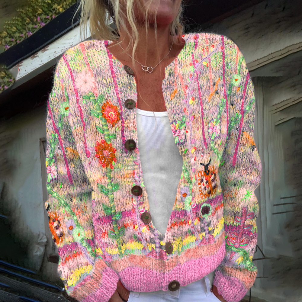 Vintage Floral Print Long Sleeved Knitted Cardigan