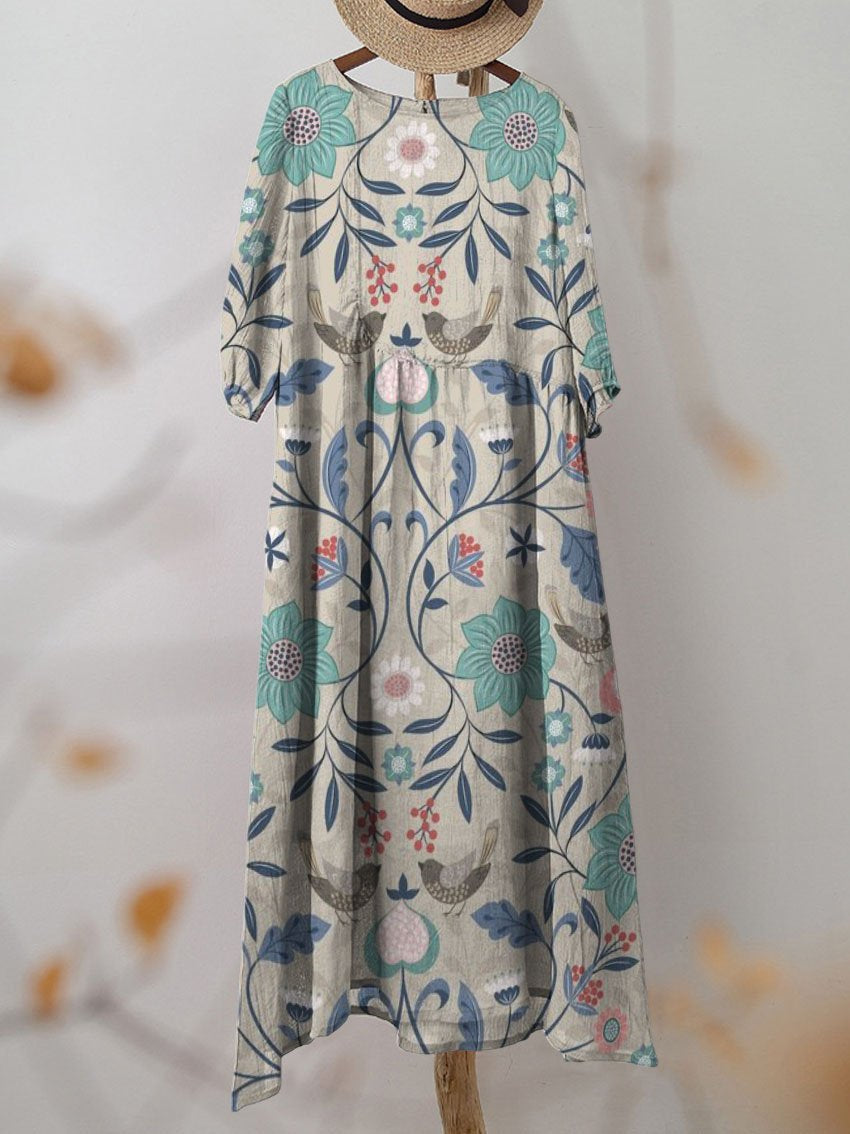 Women's Vintage Birds Floral Print Pocket Cotton Dress