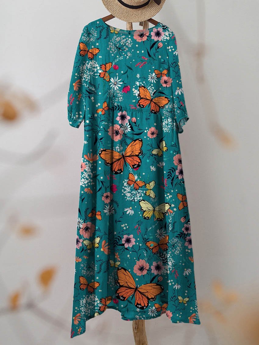 Women's Vintage Floral Butterflies Art Print Pocket Cotton Dress