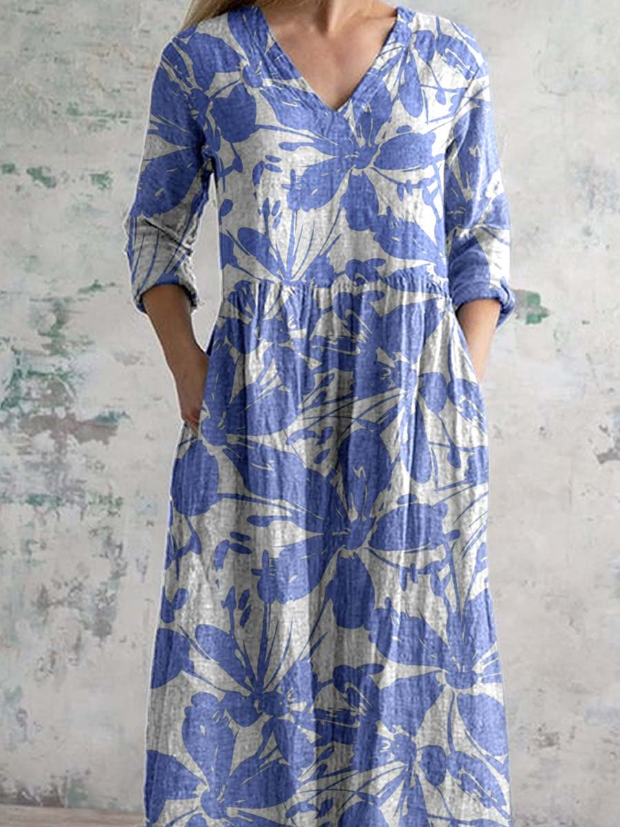 Women's V-neck Floral Print Cotton Dress
