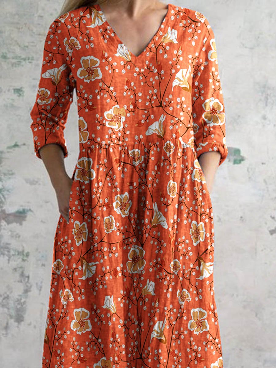 Women's Elegant Vintage Floral Pattern Cotton Dress With Pockets