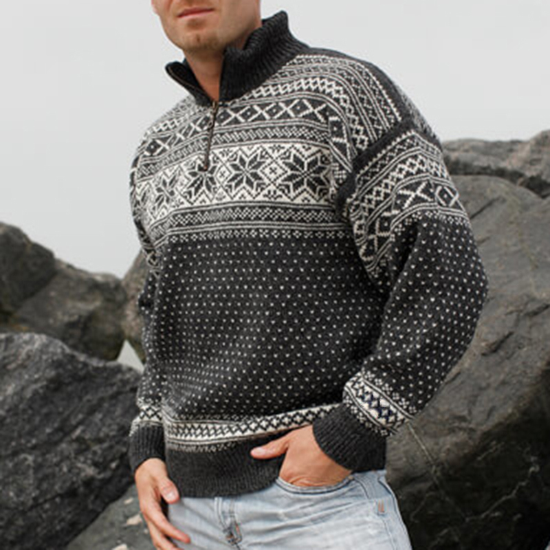 Vintage Warmth Norwool Knit Jacquard Icelandic Half Zip Collar Sweater(Unisex )