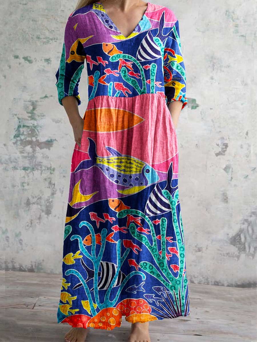 Women's V-neck Underwater World Pattern  Cotton and Linen Dress With Pockets