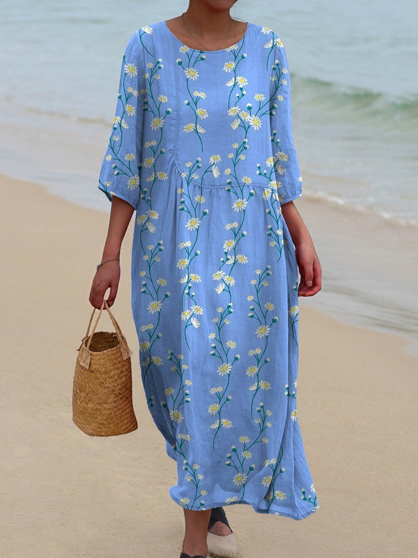 Women's Vintage Lovely Daisy Art Print Pocket Cotton Dress