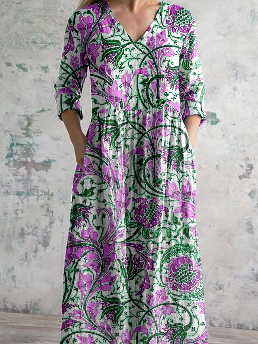 Women's V-neck  Abstract Art Floral Pattern Collar Cotton Dress With Pockets