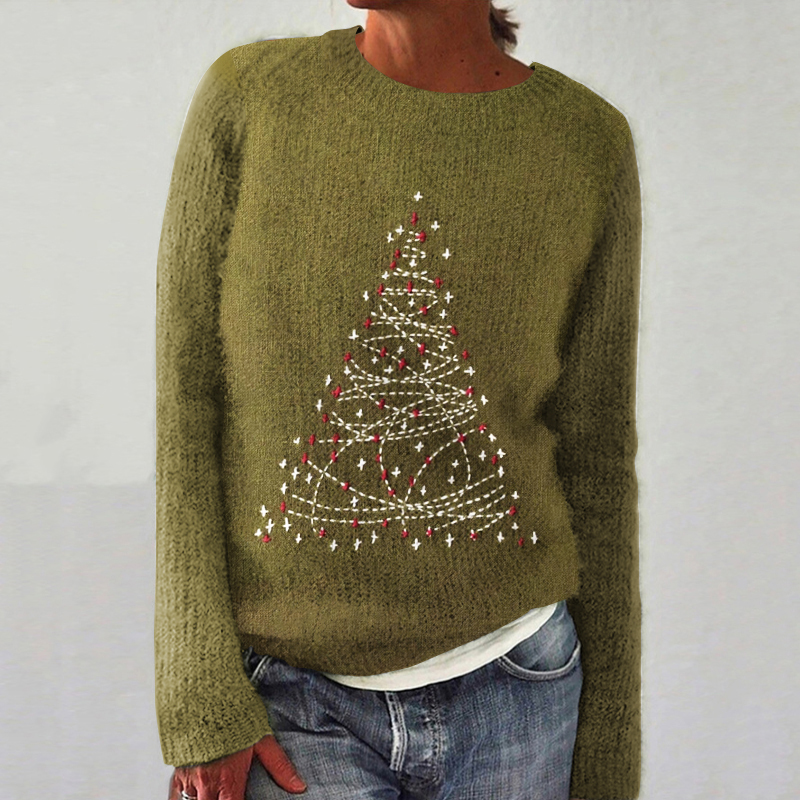 Christmas Tree Embroidery Art Cozy Knit Sweater