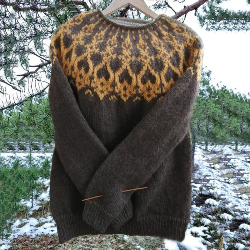 Unisex Vintage Icelandic Yellow Gray Knit Jacquard Warmth Crew Neck Sweater