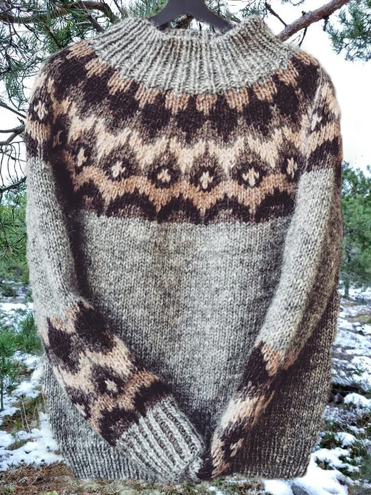 Unisex Vintage Gray Icelandic Knit Jacquard Warmth Crew Neck Sweater