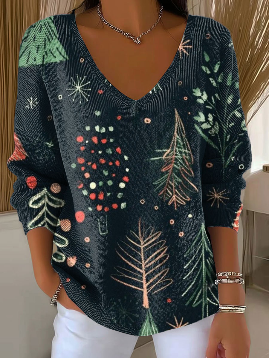 Women's Christmas Tree Pattern Print Casual Pullover Sweater