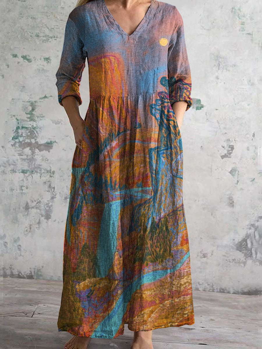 Women's V-Neck Elegant Vintage Abstract Painted Long Sleeve Dresses