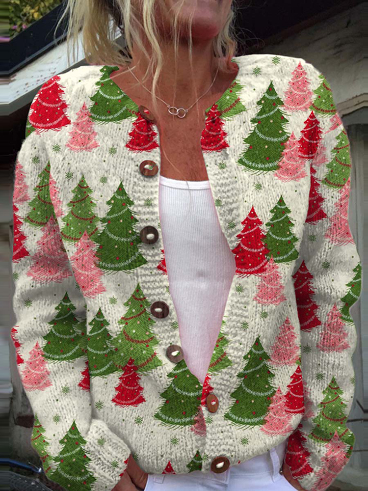 Christmas Tree Print Long Sleeved Knit Cozy Cardigan