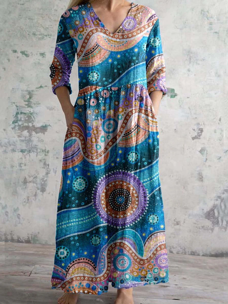 Women's V-Neck Abstract Art Geometric Pattern Cotton And Linen Dress With Pockets