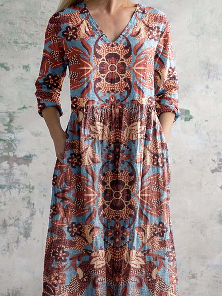Women's V-neck Colorful Geometric Flower Pattern Cotton Fabric Dress with Pockets