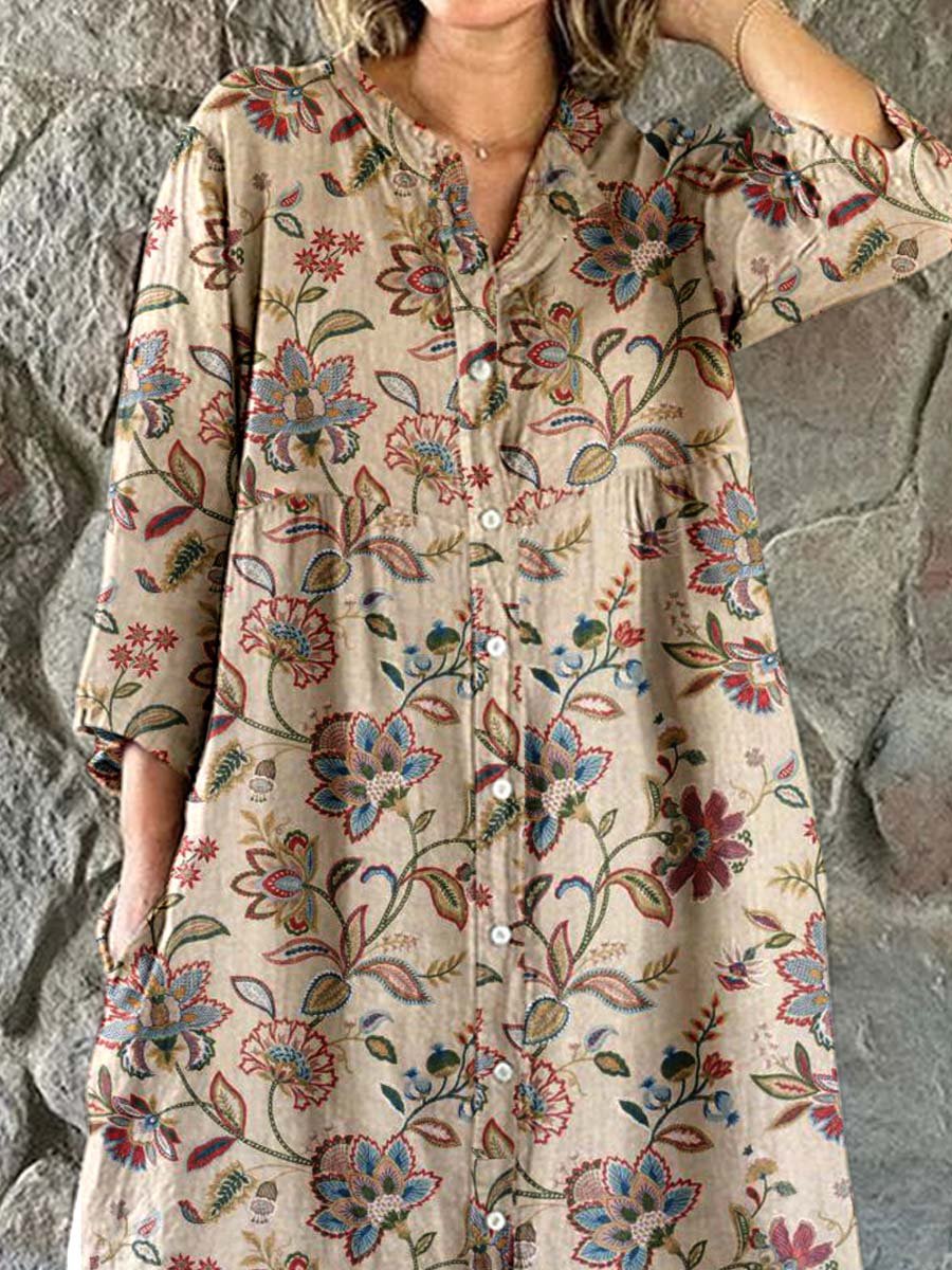 Women's Elegant Vintage Floral Pattern Shirt Style Cotton and Linen Dress