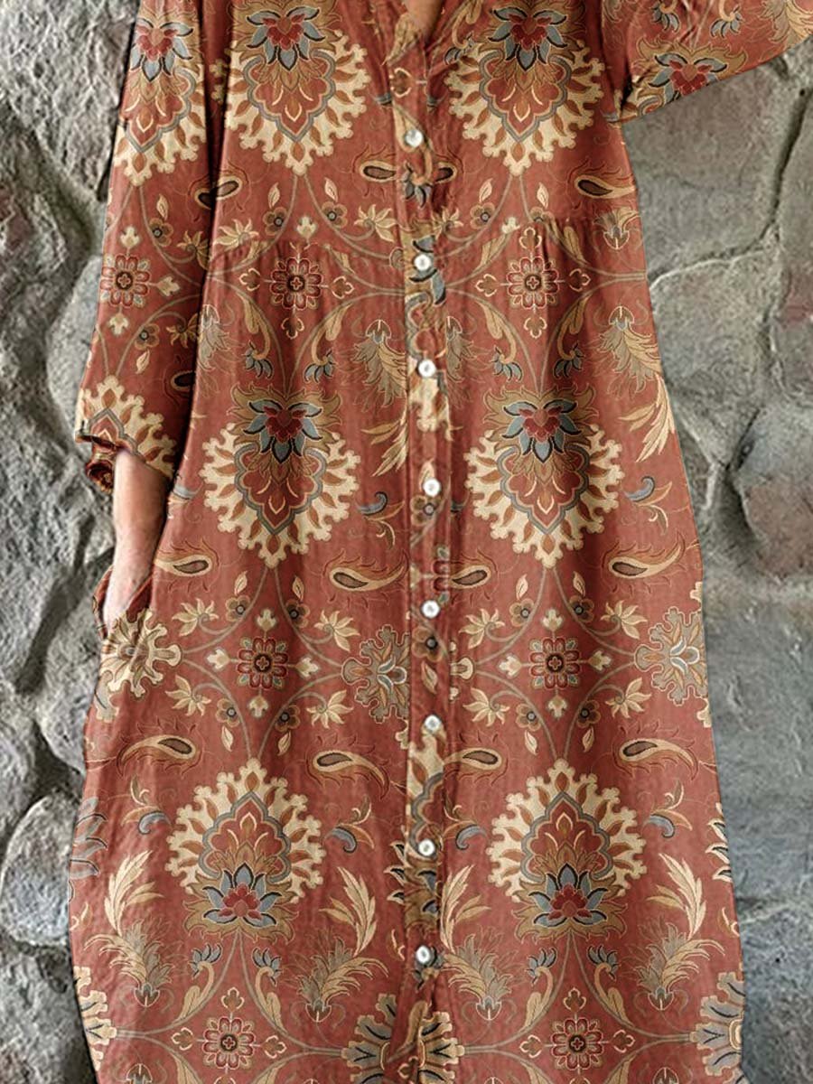 Women's Elegant Vintage Floral Pattern Shirt Style Cotton and Linen Dress
