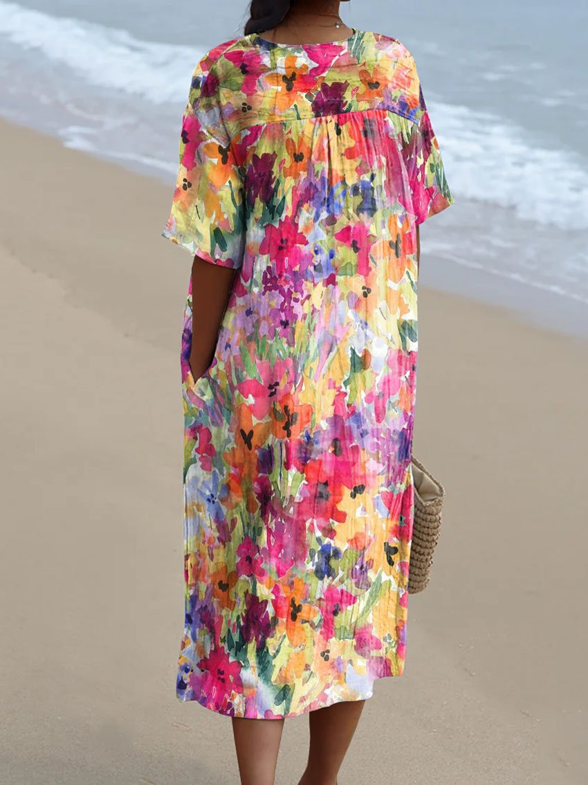 Women's Colorful Watercolor Floral Print Print Pocket Linen Dress