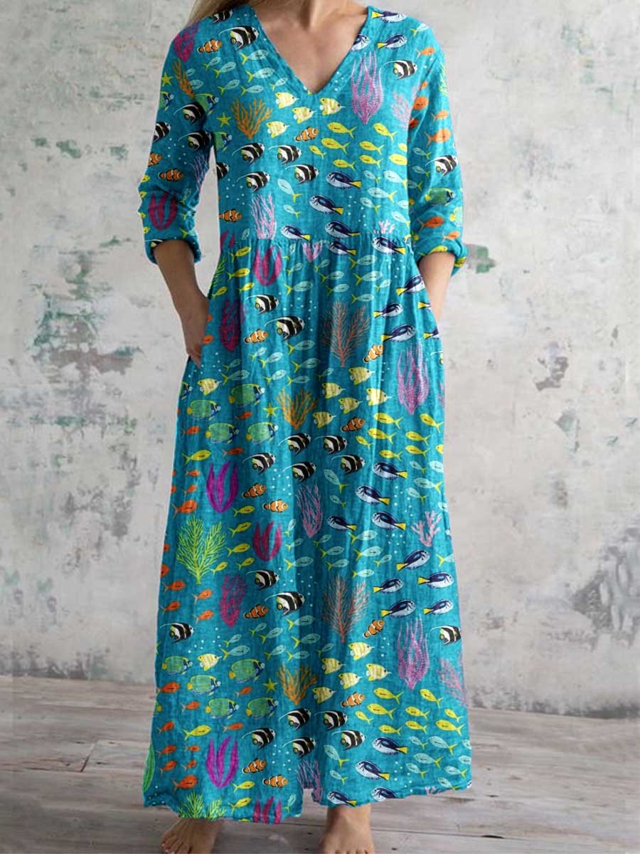 Women's V-neck Underwater World Pattern Cotton and Linen Dress With Pockets
