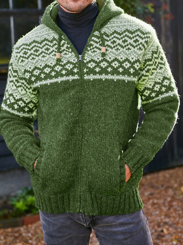 Mens Vintage Fair Isle Knitted Hooded Cardigan