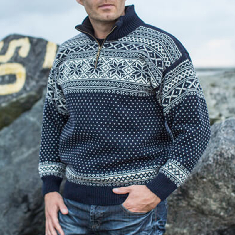 Vintage Warmth Norwool Knit Jacquard Icelandic Half Zip Collar Sweater(Unisex )
