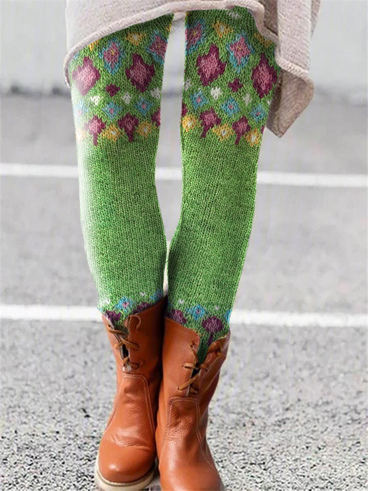 Contrast Diamond Knit Pattern Printed Leggings