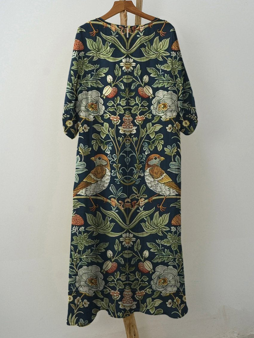 Women's Vintage Dark Floral Print Pocket Cotton Dress