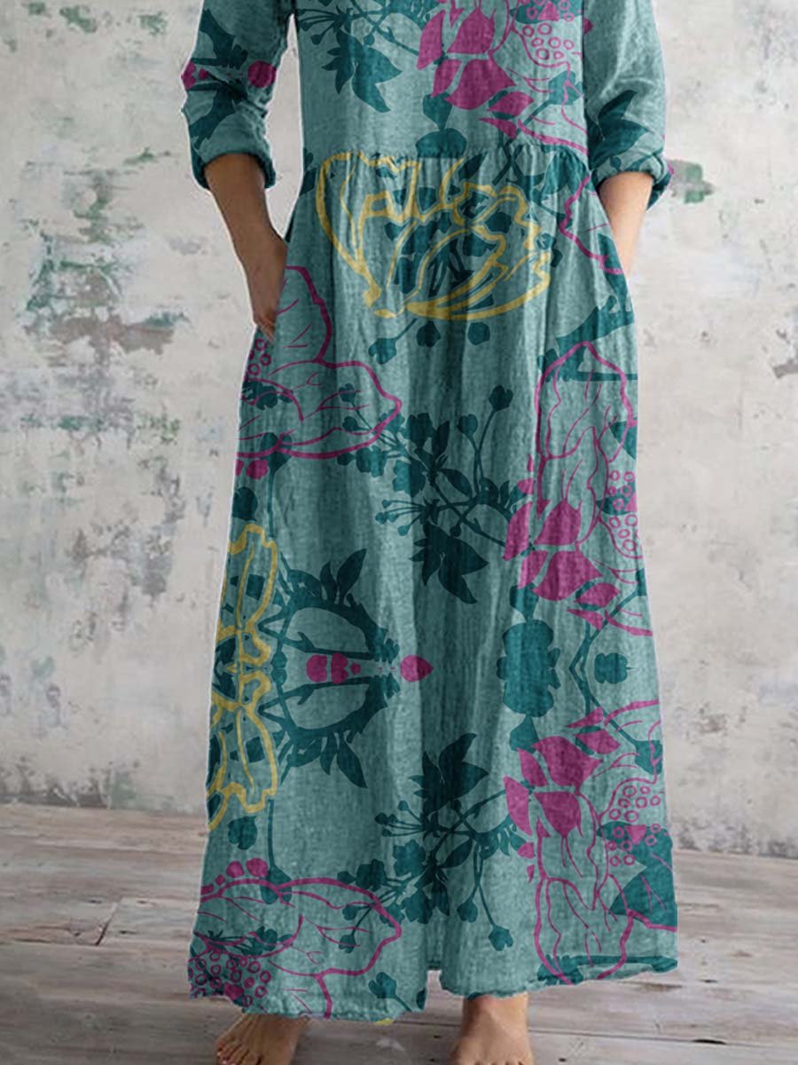 Women's Simple Elegant V Neck Floral Pattern Cotton Fabric Dress with Pockets