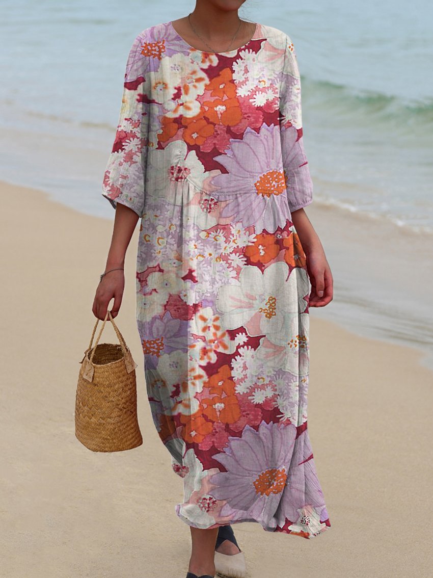 Women's Retro Assorted Floral Print Pocket Cotton Dress