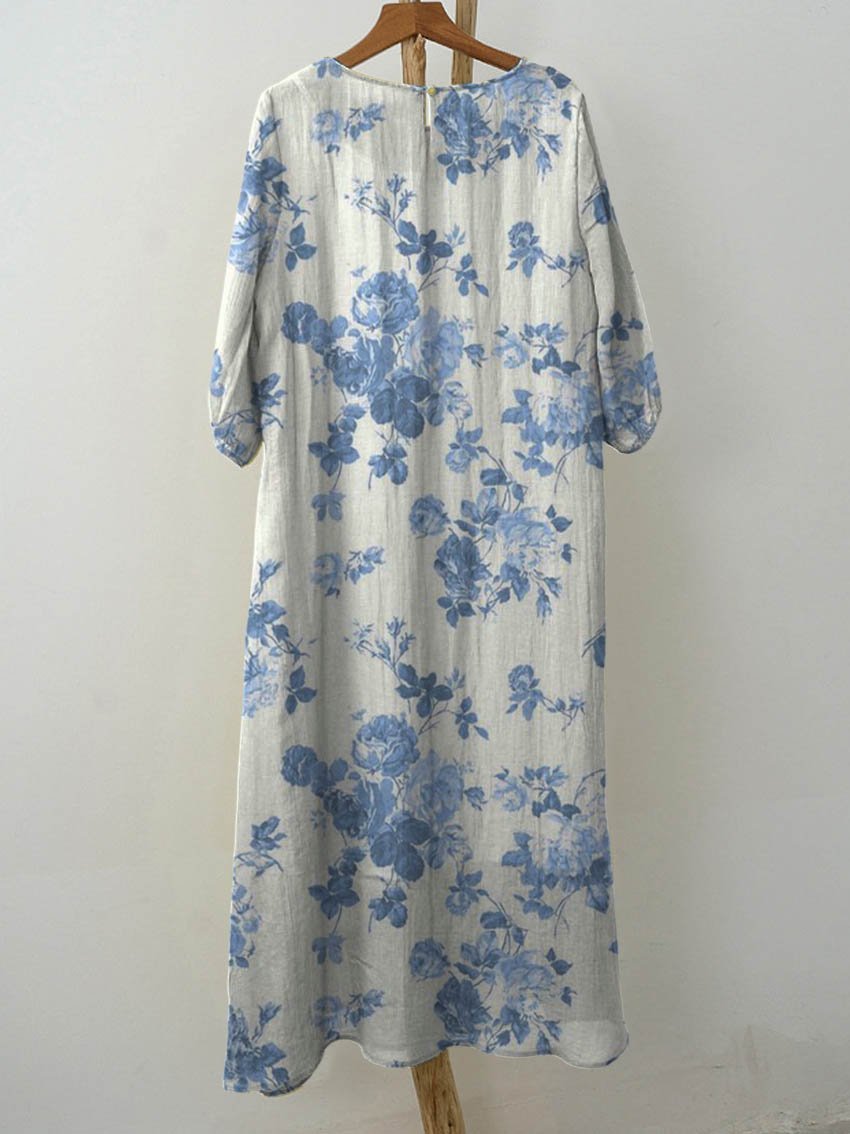 Women's Vintage Floral Art Print Pocket Cotton Dress