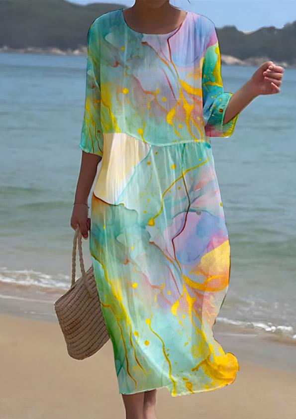 Women's Watercolor Splash Ink Fluid Art Print Resort Style Dress